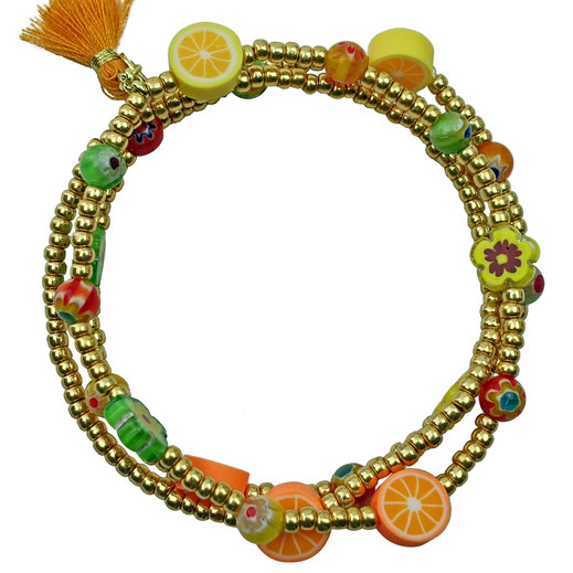 0086544624940 Armband-Set 3 teilig dreiteilig, goldene Miyuki-Rocailles, weiche Polymer-zitrusfrüchte,  Polymer-Orangen, Polymer-Zitronen, Silber 25, Millefiori-Glasperlen, gelb, orange, grün, rot