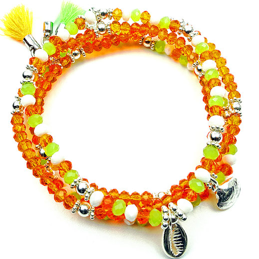 Damenarmbandset orange gelb grün weiß bunt silber Perlen Kristalle Muschelanhänger Silber 925 Sommerarmbänder Sommerarmbandset mehrteilig