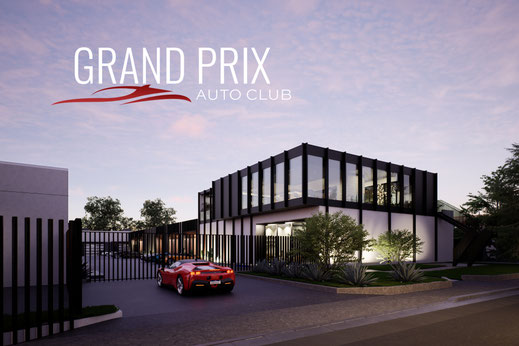 "Animación 3D de Grand Prix Auto Club. Más que un garage, un destino para vivir la cultura automotriz a través de diseño, tecnología y experiencias premium. San Diego, EE.UU. Proyecto de Techne- Architecture & Development, visualización realizada por 90Gr