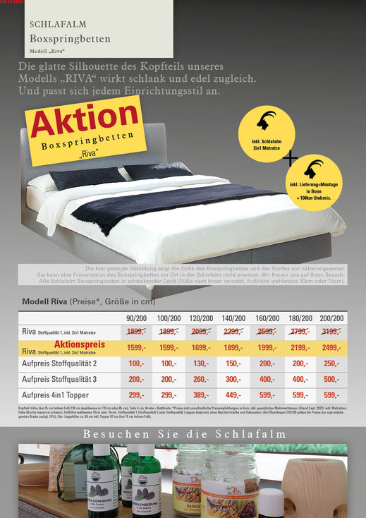Ein Bild das Text, Aktionspreise, Bett - Boxspringbett Modell Riva, Schlafzimmer enthält.