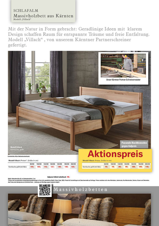 Ein Bild das Text, Aktionspreise, Bett - Massivholzbett Modell Villach Kernbuche, Schlafzimmer enthält.