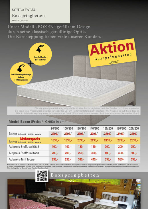 Ein Bild das Text, Aktionspreise, Bett - Boxspringbett Modell Bozen, Schlafzimmer enthält.