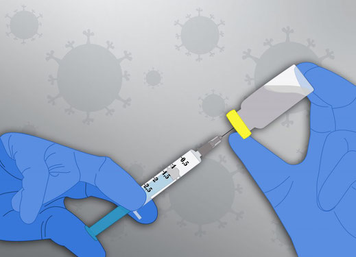 Vektorgrafik, zwei Hände in blauen Handschuhen, Spritze wird aufgezogen, grauer Hintergrund, Coronaviren und dunkelgrau im Hintergrund