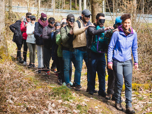 Gemeinsame Wandergruppe aus Einheimischen und Geflüchteten im Wald beim Integrationsprojekt Wanderglück
