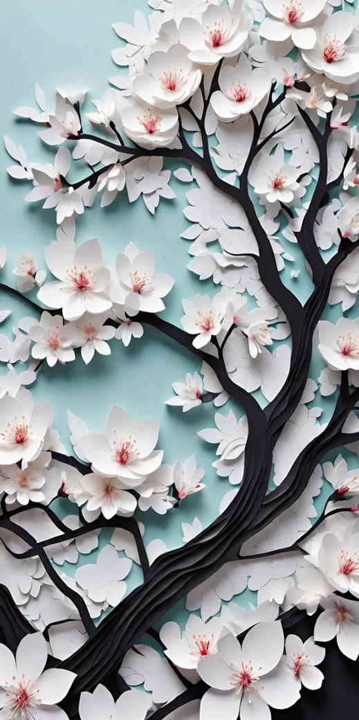 Eine Grafik in japanischem Stil einen Ast mit Kirschblüten, die dreidimensional wirken. Das Bild ist in weißen, roten, türkisen und schwarzen Farbtönen gestaltet