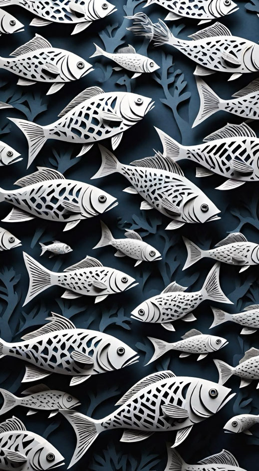 Eine Grafik in japanischem Stil zeigt eviele weiße Fische, die in verschiedene Richtungen durcheinander schwimmen.. Das Bild ist in weißen, blauen und grau-schwarzen Farbtönen gestaltet.