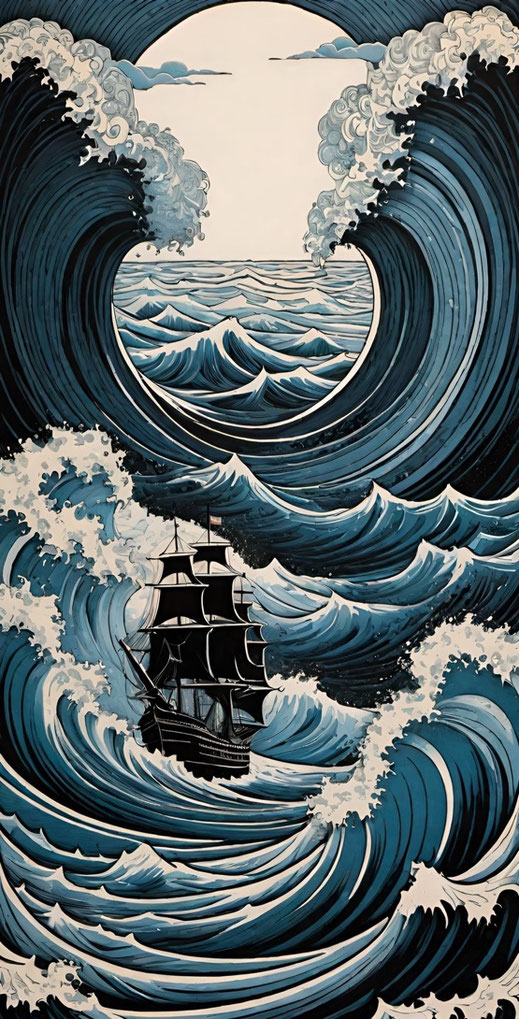 Eine Grafik in japanischem Stil zeigt ein Segelboot mit drei Masten zwischen großen Wellen. Das Bild ist in weißen, blauen und grau-schwarzen Farbtönen gestaltet.