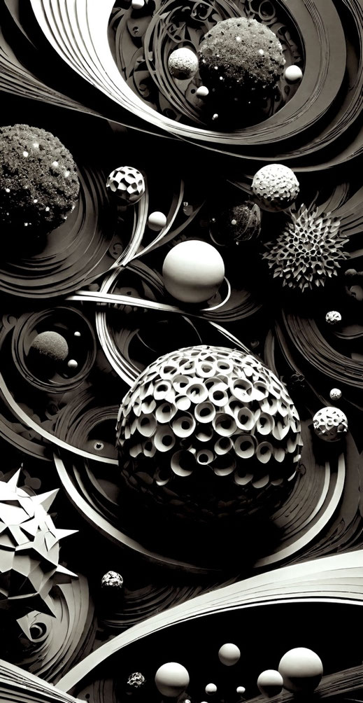 Eine futuristisch anmutende Grafik in schwarz weiß zeigt große und kleine Kugeln mit unterschiedlichen Oberflächen, die zwischen dynamisch geschwungenen Strängen liegen. Manche Kugeln erinnern an Moleküle oder Viren.