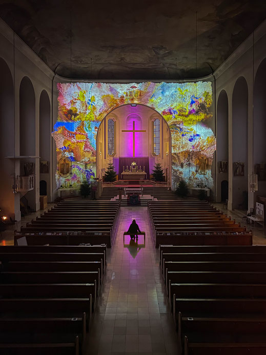 Floating Fresco, WE ARE VIDEO, Projection Mapping, Video Mapping, Immersive Art, Munich, München, Architektur, Sara Kurig, Kirche, Fresko, St. Korbinian 