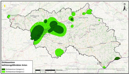 Dichtezentren Kat. 1 in der Region LA (dunkelgrün); Quelle: Regionaler Planungsverband Landshut