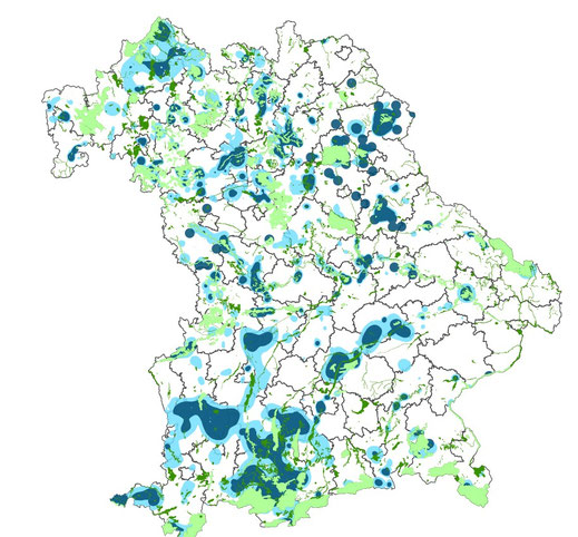 Dichtezentren Kat.1 in Bayern (dunkelblau); Quelle: Bayerisches Landesamt für Umwelt