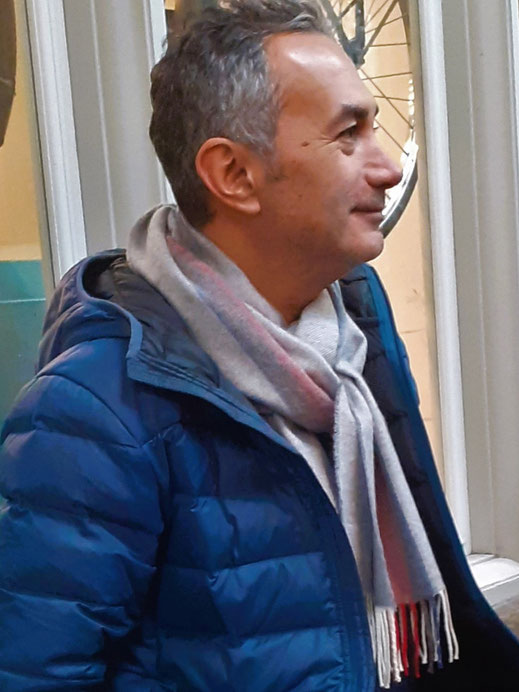 Vertical stripe merino wool scarf man informal outfit.