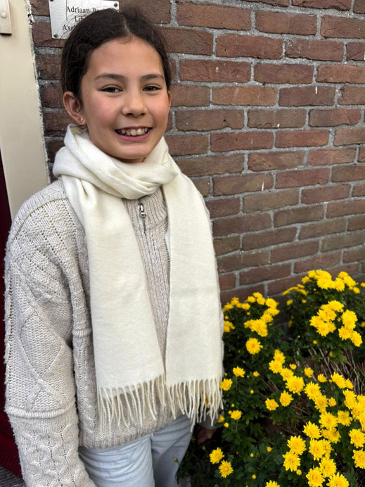 Merino wool scarf 180 × 33 cm off white girl styled