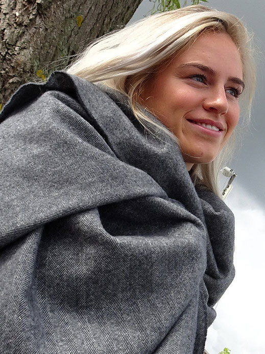 Big shawl merino wool herringbone dark gray outfit.