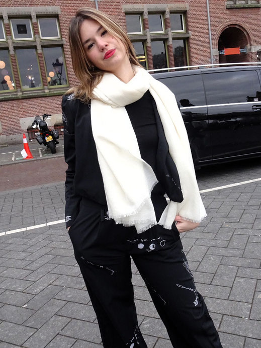 Solid wool and silk shawl off white woman styled.