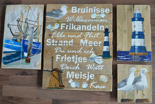 4 maritime Palettenbilder mit Begriffen, Kutter,Möwen, Mühle und Leuchtturm