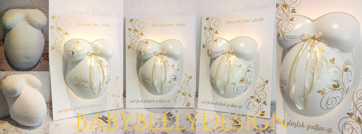 Gipsabdruck_Babybauch_Babybauchabdruck_Babybauch-Gipsbindenabdruck_Leinwand_Lampe_Oberflächenglättung_Veredelung_Gestaltung_Bemalung_Dekoration_Ornament_Schnörkel_gold_silber_elegant