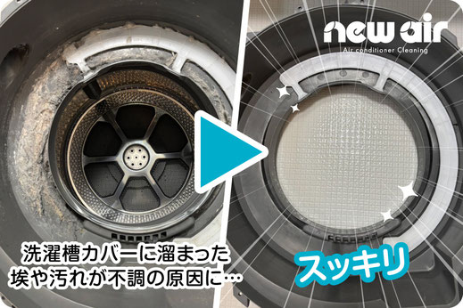 【ビフォーアフター写真】洗濯槽カバーに溜まった埃ホコリ（ドラム式洗濯機分解洗浄クリーニング）