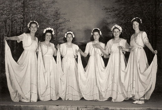 The gymnastics group, the female group around 1945 – 1950. These young ladies liked to pick their own beautiful dresses for their dances