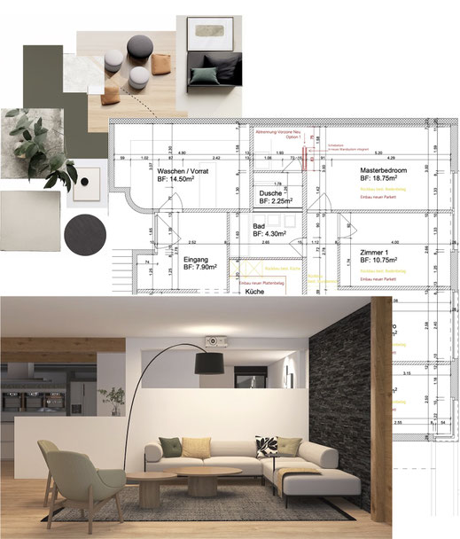 Grundriss einer Wohnung mit Farbkonzept und fotorealistischer Visualisierung von aemilia interior Annette Lang-Hlavensky