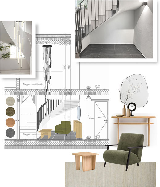 Wohnberatung Zuerich Raumstyling Moodboard Sessel Wandgestaltung Pflanze Tischlampe Beistelltisch Farbkonzept Innendekoration aemilia at home