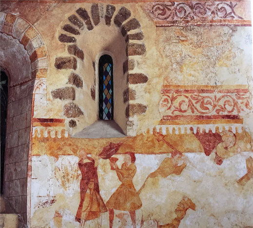 Peinture murale de la nef , l'offrande de Caïn et Abel puis le crime de Caïn , fin XI-début du XII siècle