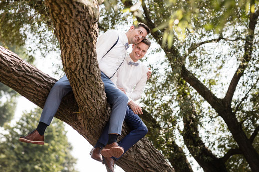 Lachendes LGBTQ Brautpaar auf dem Baum in Köln am Rhein