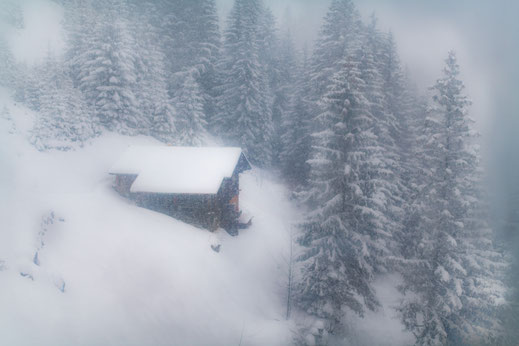 Einsames Holzhaus im Wald voller Schnee in Kandersteg - Foto für private Zwecke, Bilder für Website und Werbezwecke kostenlos lizenzfrei herunterladen.