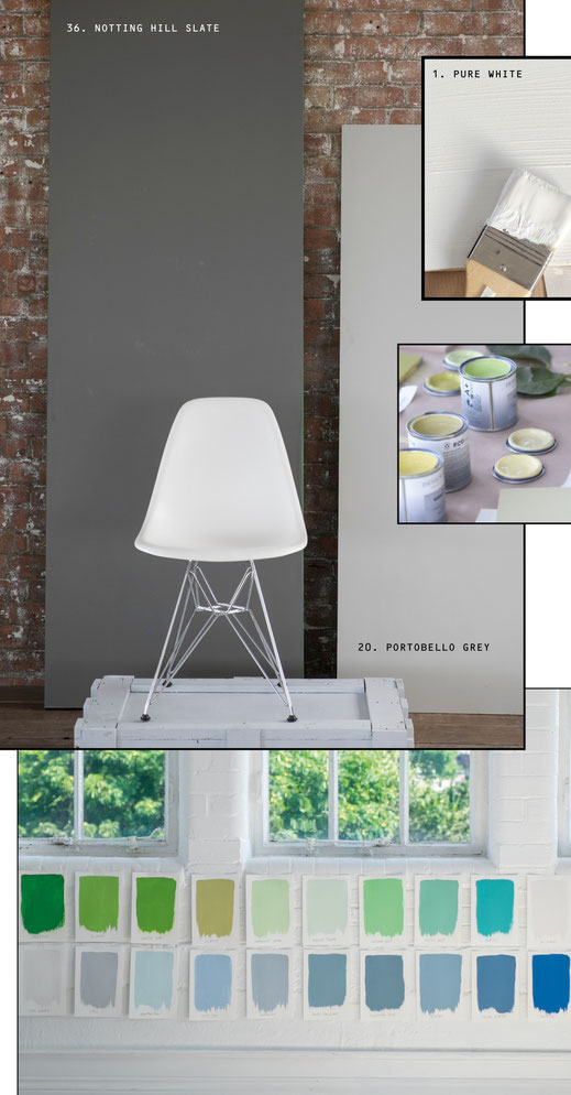 Testeurs de peintures assortis tissus et papiers peints Designers Guild distribués par Ecoute-Bergere