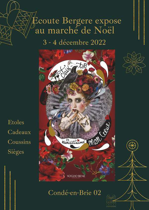 Ecoute Bergère expose dans la salle Pol'Art du marché de Noël à Condé-en-Brie (02) - Illustration Noël sur fond vert et doré tissu d'ameublement Voglio Bene