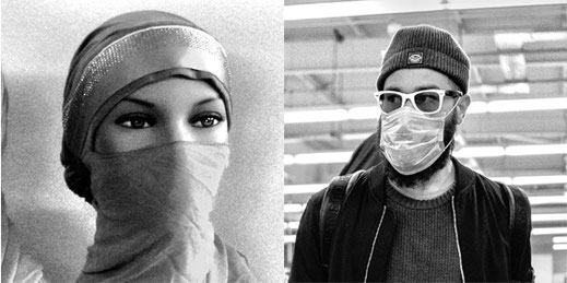 © Wikimedia, Hijabis4ever, Hijab Niqab Veil, bearbeitet, CC BY-SA 3.0; Nickolay Romensky, Coronavirus COVID-19 face mask in supermarket, bearbeitet, CC BY 2.0