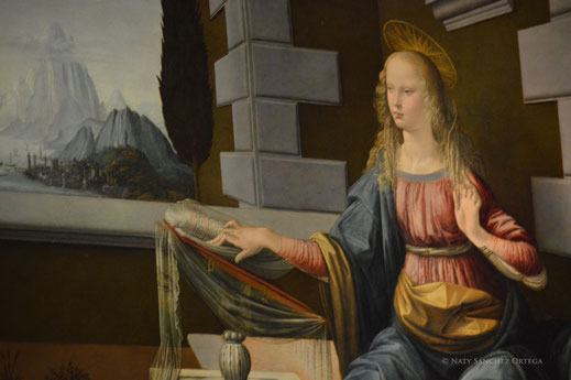 Anunciación (detalle), Leonardo da Vinci. Ca. 1476. Galería Uffizi, Florencia.