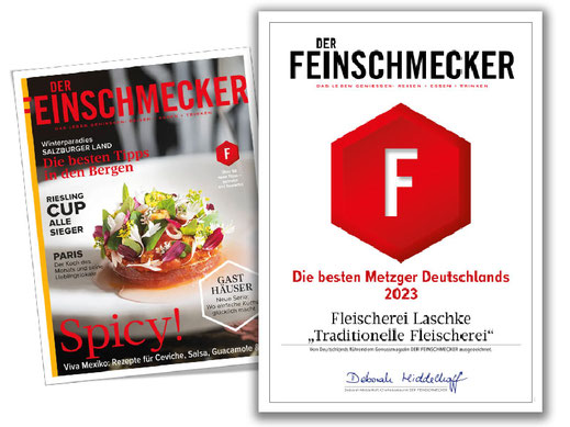 Urkunde und Titelblatt von Der Feinschmecker: Fleischerei Laschke unter den besten Metzgern Deutschlands 2023
