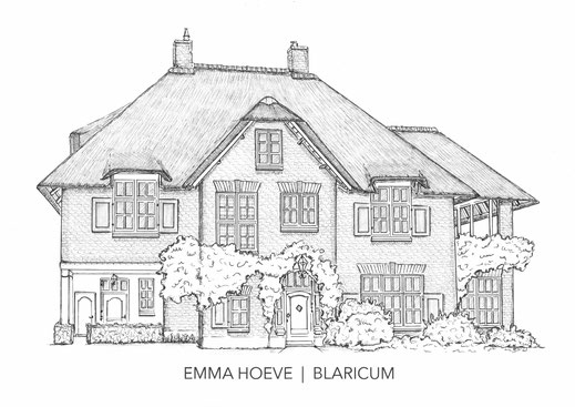 huisportret,  potlood en pen,  tekening van je huis, Erna Sinnige, Erna Wijninga, portrait du maison.