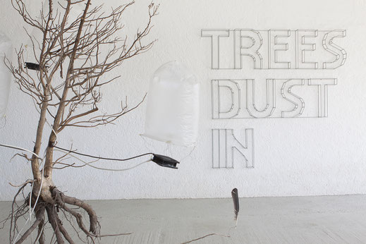 Oliver Braig zeigt in seinem Atelier die Arbeiten 'phlegma und 'IN DUST TREES'. Müssen wir uns Entscheiden? Werden wir in Zukunft das Rascheln der Blätter im Herbst an den Bäumen maschinell, künstlich herstellen? Ein neuer Wirtschaftszweig, der sich hier 