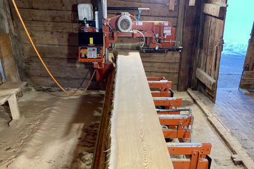 Lärchenholz beim Aufsägen in der Sägerei als Grundlage für hochwertige Massivholzprodukte.