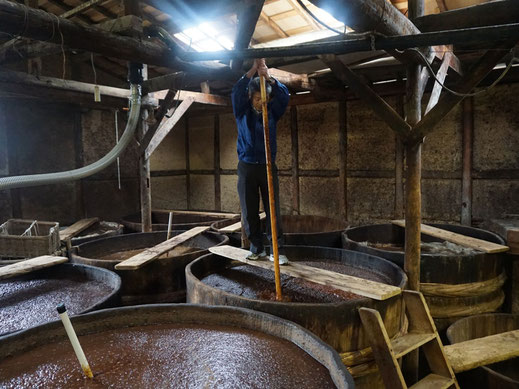 Fermentierungsprozess in Zedernholz-Fässern bei der Manufaktur Morita.