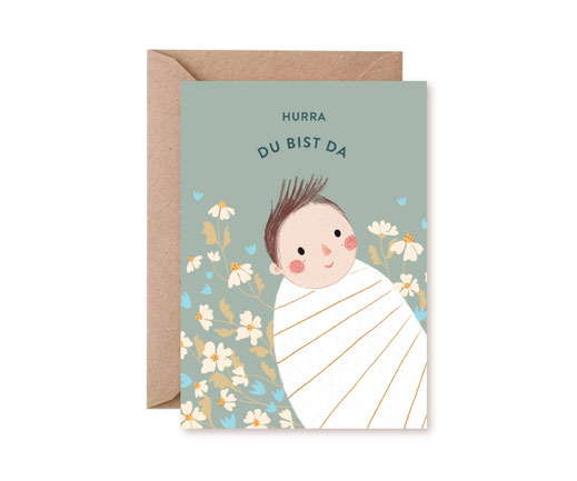 Klappkarte Lotta Langrock – Hurra, Du bist da – Geburt, Junge, Blau, Türkis, Baby, Gänseblümchen