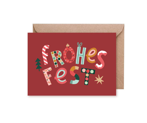 Grusskarte Klappkarte Lotta Langrock – Weihnachten, Lettering, Frohes Fest, Tannenbaum, Stern, Rot, Grün