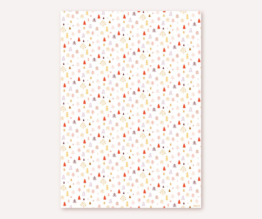 Geschenkpapier Lotta Langrock – Weihnachten, Tannen, Winterwald, Rot, Gelb