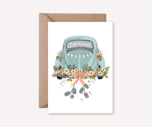 Grusskarte Klappkarte Lotta Langrock – Hochzeit, Just Married, VW Käfer, Blumen, Hygge, Skandinavien, nachhaltig, Bio-Farben