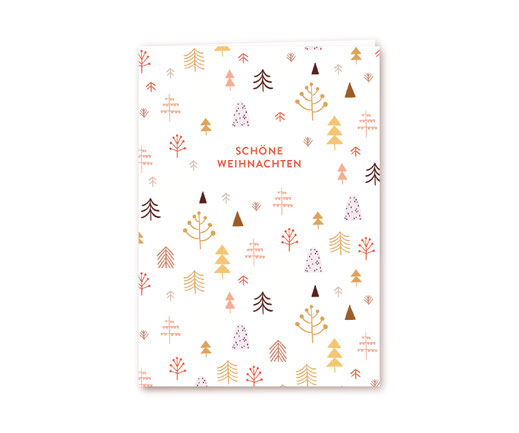 Grusskarte Klappkarte Lotta Langrock – Weihnachten, Winterwald, Tannen, Rot, Gelb