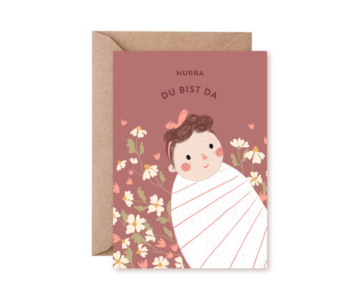Klappkarte Lotta Langrock – Hurra, Du bist da – Geburt, Mädchen, Rosa, Baby, Gänseblümchen