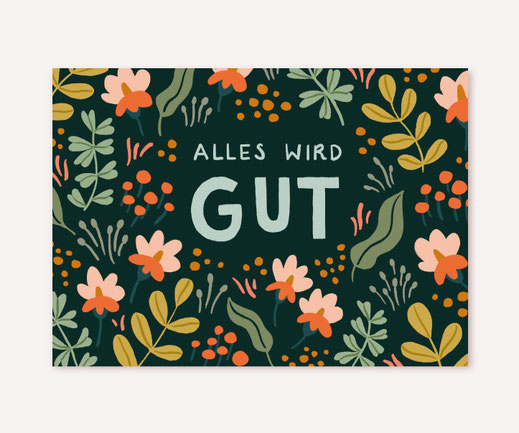 Postkarte Lotta Langrock – Blumenmuster, Dunkelgrün, Orange, Hygge, Skandinavien,