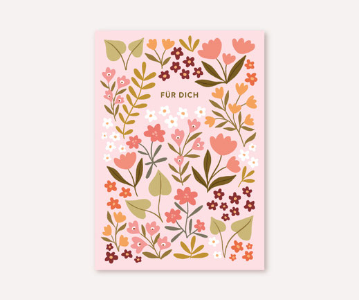 Postkarte Lotta Langrock – Gewächshaus, Backstein, Blumen, Tulpen, warme Farben