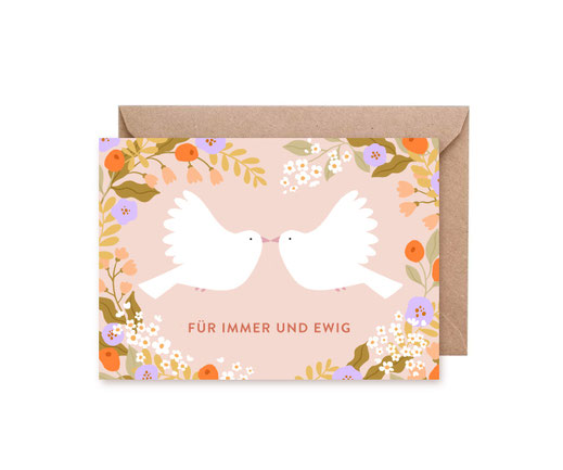 Grusskarte Klappkarte Lotta Langrock – Für Immer Und Ewig, Hochzeit, Glückwünsche, weiße Tauben, florale Elemente