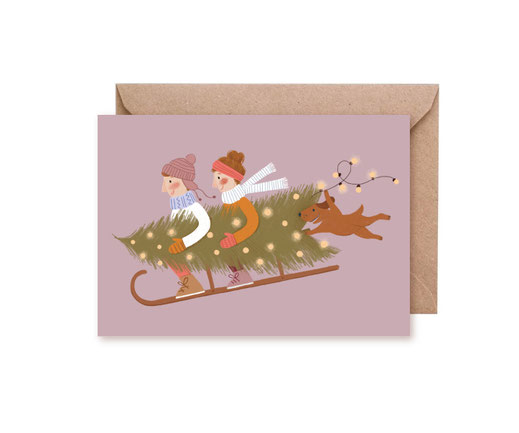 Grusskarte Klappkarte Lotta Langrock – Weihnachten, Schlitten, Weihnachtsbaum, Hund, Lichterkette, Familie