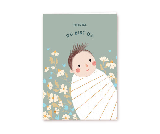 Klappkarte Lotta Langrock – Hurra, Du bist da – Geburt, Junge, Blau, Türkis, Baby, Gänseblümchen