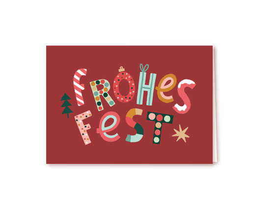 Grusskarte Klappkarte Lotta Langrock – Weihnachten, Frohes Fest, Lettering, Stern, Tannenbaum, Rot, Grün