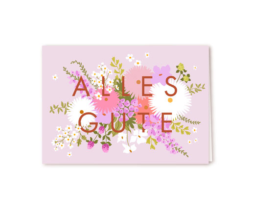 Klappkarte Lotta Langrock – Alles Gute - Rosa, lila, weiße und rosa Blumenbouquet auf fliederfarbenem Grund
